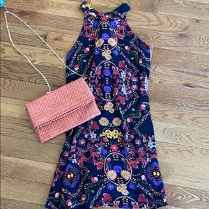 A-line floral shift dress matching clutch bag new